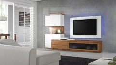 Mueble vitrina con panel tv en blanco
