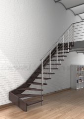 Escalera volada con estructura de madera en lado de pared y barandilla de acero inoxidable exterior