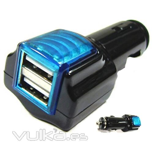 Adaptador cargador USB con 2 puertos USB, para mechero coche. Ref. CMZCC1