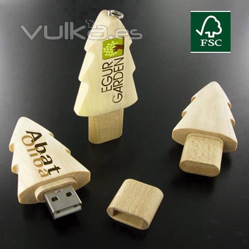 Memoria USB de madera de 1 Gb  con tlogo color o láser en las 2 caras incluido en precio. Ref FYZNAV