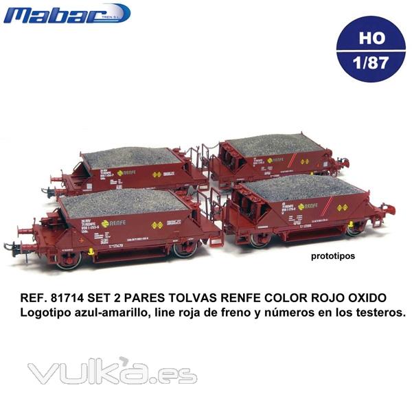 Set de 2 pares de tolvas H0 Renfe color rojo oxido