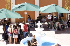Students and faculty enjoy the new patio in padre rubio hall
