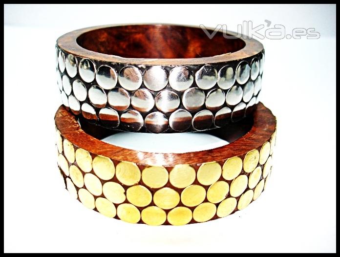 bella pulsera de importación de moderno diseño madera y metal, 2 variedades