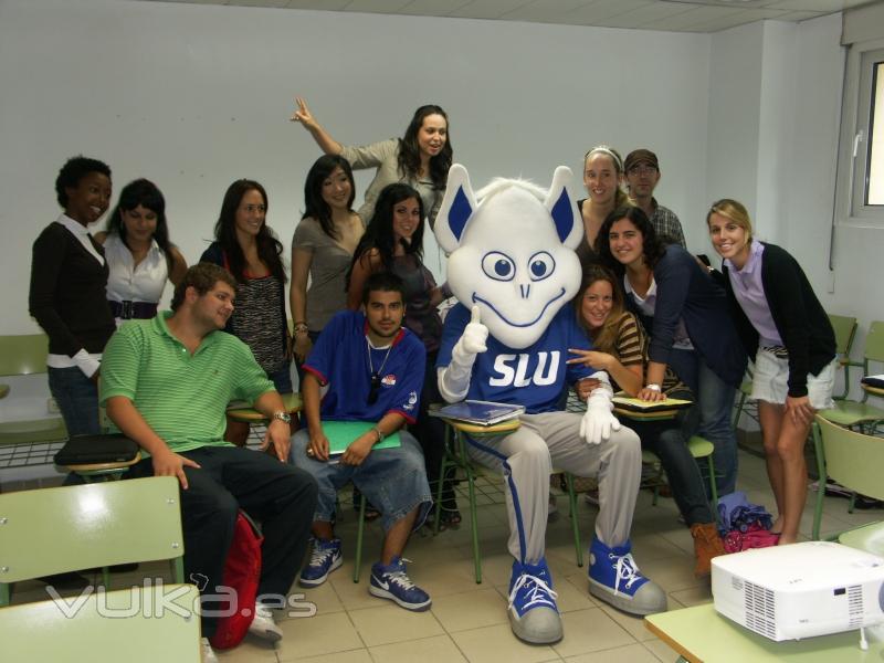 The Billiken, mascot of Saint Louis University, visits the Madrid Campus and joins the students for a class.