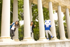 The billiken enjoys the company of students in the retiro park, the biggest park in madrid