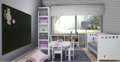 Ambiente lectura cama, mesa y sillas, estanteria de pie, modulo de babyroom