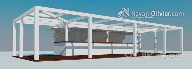 Chiringuito con terraza y pérgola adosada. Render 3d www.navarrolivier.com