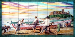 Escena sacando el copo en fuengirola, principios del siglo xx mural de azulejos cocidos a 980ºc