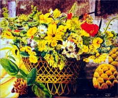 Cesto de mimbre con flores amarillas mural de de azulejos 90x75cm