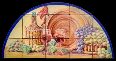 Bodegon con uvas, vino, lebrillo y garrafa