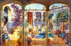 Patio andaluz con fuente y arcos mural de azulejos 355x235cm