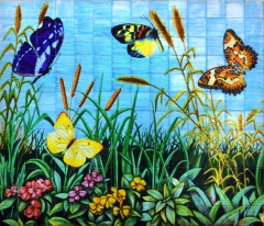 Mariposas mural de azulejos pintado a mano y cocido a 980 grados 210x180cm