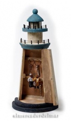 Faro de madera nautico para colgar las llaves hecho en madera con colores rusticos marineros