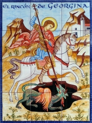 San Jorge con inscripción personalizada. Mural de azulejos 45x60cm.