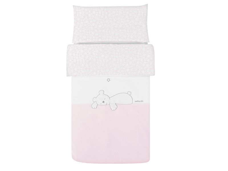 Funda nórdica para cuna Dream rosa. Oso durmiendo. De Petit Praia.