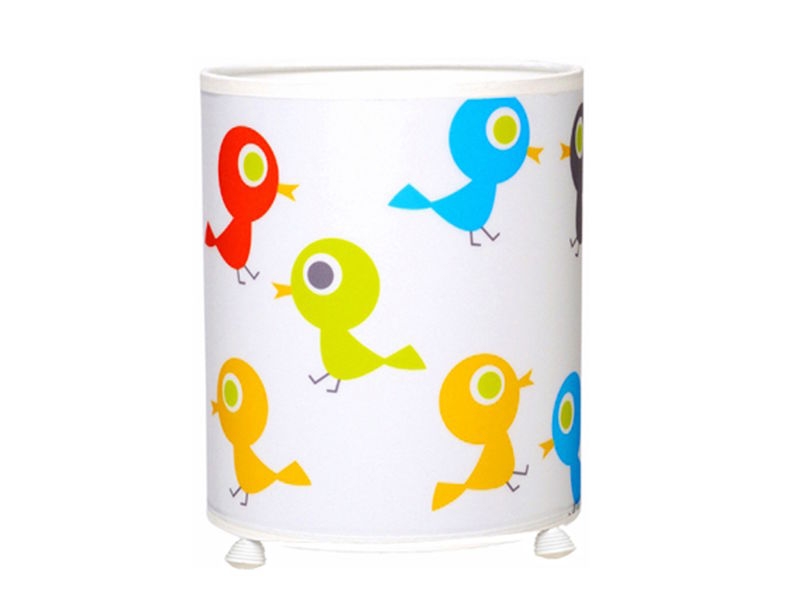 Lámpara de mesa infantil  cilíndrica y  dibujos de pájaros multicolores Twity Silvester.