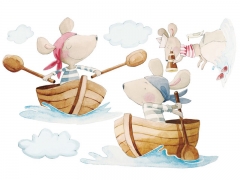Vinilo para habitaciones infantiles regatas ratoncitos remando en botes de madera