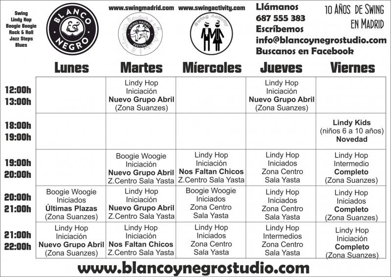 Nuevos Grupos de Lindy Hop / Swing. Horarios de Blanco y Negro Studio para Abril. 