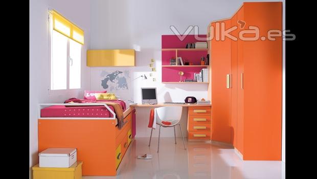 Armario rincon y compacto en color naranja. Dormitorio juvenil Whynot New