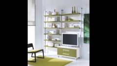 Estanteria color verde con mueble de cajones para tv