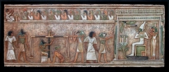 Relieve inspirado en la escena principal del libro de la oculta morada, papiro de ani, egipto   155x62x3 cm