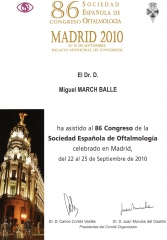 Diploma de asistencia al 86 congreso de la sociedad espanola de oftalmologia madrid septiembre 2010