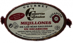 Gourmet - mejillon en escabeche 6/8 con aceite de oliva en lata de 120 grs mejillones de las rias gallegas,
