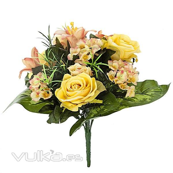 Bouquet artificial de flores rosa llilium hortensia amarillo en lallimona.com